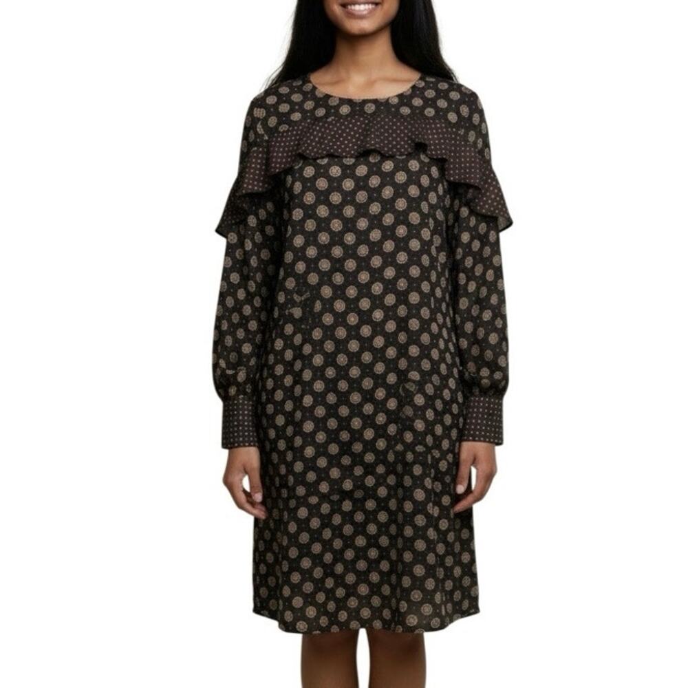 Banana Republic Navy 100% Silk Foulard Print Ruffle Long Sleeve Dress Sz 8 - Picture 16 of 16